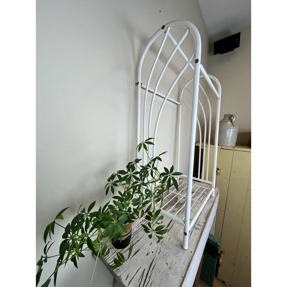 Vintage MCM White Metal Towel Caddy Rack Stand Free Standing Bathroom Retro MINT